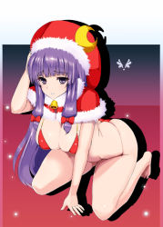 Rule 34 | 1girl, arm support, barefoot, bell, bikini, blush, breasts, butt crack, christmas, cleavage, crescent, female focus, hat, ishimiso (ishimura), kneeling, large breasts, long hair, patchouli knowledge, purple eyes, purple hair, red bikini, solo, swimsuit, touhou, very long hair