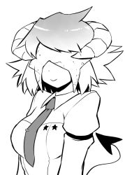 Rule 34 | 1girl, armband, breasts, covered eyes, demon tail, demona, greyscale, horns, large breasts, monochrome, necktie, short hair, smile, solo, tail, the voynich hotel, tie clip, tsukudani (coke-buta)