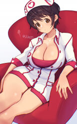 Rule 34 | 1girl, bare legs, blush, breasts, brown hair, cleavage, collarbone, commentary request, dress, feet out of frame, hat, highres, huge breasts, idolmaster, idolmaster cinderella girls, lc butter, looking at viewer, nurse cap, oikawa shizuku, partially unbuttoned, short hair, sitting, solo, twitter username, white dress