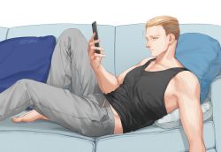 Rule 34 | 1boy, blonde hair, brown eyes, brown hair, couch, feet out of frame, grey pants, hair strand, highres, holding, holding phone, lying, male focus, midriff peek, o3tofu, on back, on couch, pants, pectorals, phone, porco galliard, shingeki no kyojin, short hair, sidepec, solo, toned, toned male
