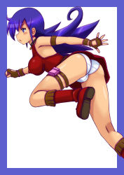 Rule 34 | airborne, ass, boots, breasts, deck of cards, choker, dress, duel masters, dynamic pose, fingerless gloves, gloves, highres, large breasts, nipples, panties, pouch, purple eyes, purple hair, red dress, short dress, tasogare mimi, thick thighs, thigh strap, thighs, tsumitani daisuke, underwear, white panties, wide hips