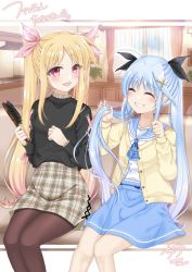 Rule 34 | 2girls, ahoge, ameyado chika, artist name, black legwear, black ribbon, black sweater, blonde hair, blue hair, blue sailor collar, blue skirt, cardigan, casual, closed eyes, commentary request, dated, english text, fate testarossa, grey skirt, grin, hair ornament, hair ribbon, highres, holding, holding brush, indoors, long hair, long sleeves, looking at another, lyrical nanoha, mahou shoujo lyrical nanoha, mahou shoujo lyrical nanoha a&#039;s, mahou shoujo lyrical nanoha a&#039;s portable: the battle of aces, levi the slasher, miniskirt, multiple girls, open mouth, pantyhose, pencil skirt, pink ribbon, plaid, plaid skirt, red eyes, ribbon, sailor collar, shirt, signature, sitting, skirt, smile, sweater, twintails, white shirt, x hair ornament, yellow cardigan