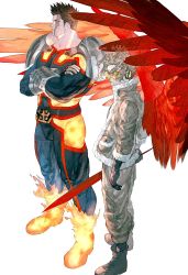 Rule 34 | 2boys, beard, blonde hair, boku no hero academia, boots, burn scar, costume, crossed arms, endeavor (boku no hero academia), facial hair, facial scar, feathered wings, feathers, fingerless gloves, fire, from above, fur-trimmed jacket, fur trim, gloves, hawks (boku no hero academia), headphones, highres, jacket, kataruruni, male focus, mature male, multiple boys, muscular, muscular male, pyrokinesis, red feathers, red hair, rimless eyewear, scar, scar across eye, scar on cheek, scar on face, scar on mouth, size difference, skin tight, tinted eyewear, twitter username, white background, wings