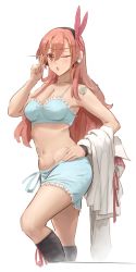 Rule 34 | 1girl, akame ga kill!, blush, boots, breasts, chelsea (akame ga kill!), cleavage, female focus, hand on own hip, headphones, long hair, matching hair/eyes, midriff, navel, needle, one eye closed, red eyes, red hair, resized, solo, tattoo, underwear, wink