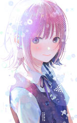 Rule 34 | 1girl, blush, buttons, circle, closed mouth, clothing request, collared shirt, dots, grey eyes, hexagon, highres, light particles, light smile, looking at viewer, medium hair, nakamura hinata, neck ribbon, original, purple hair, purple theme, ribbon, shirt, short sleeves, solo, upper body, white background, white shirt