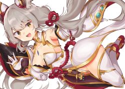 Rule 34 | 1girl, animal ears, breasts, cat ears, cleavage, highres, long hair, looking at viewer, medium breasts, nia (blade) (xenoblade), nia (xenoblade), omunight, smile, solo, thighs, twintails, waving, xenoblade chronicles (series), xenoblade chronicles 2, yellow eyes