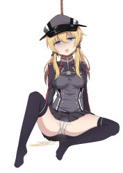Rule 34 | 1girl, absurdres, back (bac33), bdsm, black thighhighs, blonde hair, corpse, facing viewer, female focus, full body, hanged, hat, highres, kantai collection, miniskirt, panties, peeing, prinz eugen (kancolle), rope, sitting, skirt, solo, spread legs, thighhighs, underwear, white background, white panties