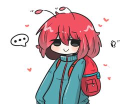 Rule 34 | ..., 1girl, animal, antennae, backpack, bag, blue jacket, blush, bug, butterfly, chibi, closed mouth, grey eyes, hair between eyes, heart, insect, jacket, looking at viewer, original, red hair, simple background, smile, snail girl, solo, spoken ellipsis, track jacket, uni souchou, white background