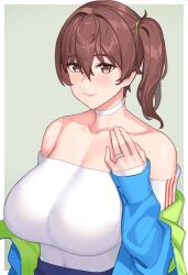 Rule 34 | 1girl, alternate costume, bare shoulders, blue eyes, blue jacket, blue skirt, blush, border, breasts, brown hair, casual, choker, closed mouth, collarbone, franham, gradient background, green background, hair between eyes, hand on own chest, hands up, highres, huge breasts, jacket, jewelry, kaga (kancolle), kantai collection, long hair, long sleeves, looking at viewer, mature female, off-shoulder shirt, off shoulder, open clothes, open jacket, pink lips, ring, shirt, side ponytail, skirt, sleeves past wrists, smile, solo, triple vertical stripe, upper body, wedding ring, white border, white choker, white shirt