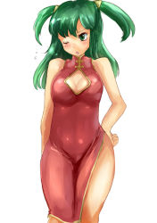 Rule 34 | 1girl, bad id, bad pixiv id, breasts, china dress, chinese clothes, cleavage cutout, clothing cutout, dress, green eyes, green hair, hand on own hip, hip focus, long hair, matching hair/eyes, medium breasts, one eye closed, solo, suoni (deeperocean), twintails, wink