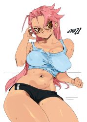 Rule 34 | 1girl, absurdres, arm up, artist name, black shorts, blue tank top, breasts, brown eyes, covered erect nipples, crop top, glasses, highres, highschool of the dead, large breasts, long hair, micro shorts, midriff, navel, pink hair, shorts, solo, sweat, takagi saya, tank top, white background, whoopsatro