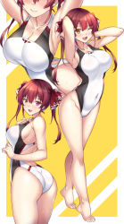 Rule 34 | 1girl, armpits, ass, breasts, competition swimsuit, hair ribbon, heterochromia, highres, hololive, houshou marine, large breasts, long hair, multiple views, no eyepatch, one-piece swimsuit, pirate, red eyes, red hair, red ribbon, ribbon, shirokuma a, swimsuit, twintails, virtual youtuber, yellow eyes