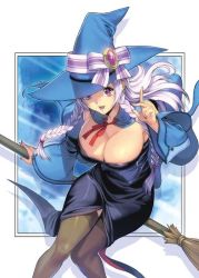 Rule 34 | 1girl, breasts, broom, broom riding, cleavage, hat, homare (fool&#039;s art), large breasts, long hair, original, purple eyes, purple hair, solo, thighhighs, witch, witch hat