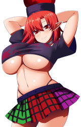 Rule 34 | 1girl, black shirt, breasts, gero zoukin, hecatia lapislazuli, highres, large breasts, off-shoulder shirt, off shoulder, plaid, plaid skirt, red eyes, red hair, shirt, simple background, skirt, solo, t-shirt, touhou, underboob, white background