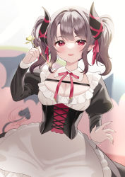 Rule 34 | 1girl, :d, apron, black dress, black wings, blush, breasts, brown hair, cleavage, commentary request, demon girl, demon horns, demon tail, demon wings, dress, fingernails, hand up, highres, holding, horns, juliet sleeves, long fingernails, long sleeves, looking at viewer, maid, medium breasts, nail polish, open mouth, original, pointy ears, puffy sleeves, red eyes, red nails, segawa luna, sharp fingernails, signature, smile, solo, tail, twintails, waist apron, white apron, wings