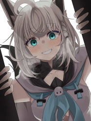 Rule 34 | 1girl, absurdres, ahoge, animal ears, braid, breasts, cleavage cutout, clothing cutout, commentary, doorway, fox ears, fox tail, green eyes, grey hair, grin, highres, hololive, medium breasts, micon, opening door, pov doorway, shirakami fubuki, shirakami fubuki (1st costume), smile, tail, underboob, virtual youtuber, white background