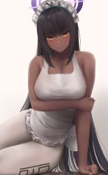 Rule 34 | 1girl, absurdres, apron, bare shoulders, black hair, blue archive, blush, breasts, cleavage, clothes pull, collarbone, dark-skinned female, dark skin, eko.art, halo, highres, karin (blue archive), large breasts, long hair, looking at viewer, maid headdress, orange eyes, pantyhose, pantyhose pull, thighs, white apron, white pantyhose