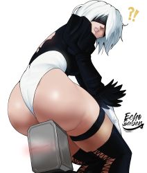 Rule 34 | !?, 1girl, absurdres, artist name, ass, black thighhighs, blindfold, blush, breasts, commentary, echo saber, feather trim, feathers, highleg, highleg leotard, highres, leotard, lips, long sleeves, looking back, medium breasts, nier:automata, nier (series), parted lips, pod (nier:automata), puffy sleeves, robot, shiny skin, short hair, signature, simple background, sitting, thighhighs, thighs, white background, 2b (nier:automata)