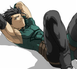 Rule 34 | 1boy, ahoge, armpits, black hair, covered abs, detached sleeves, diarmuid ua duibhne (lancer) (fate), fate/zero, fate (series), knees up, looking at viewer, lowres, lying, male focus, mole, mole under eye, on back, pectorals, short hair, smile, solo, toned, toned male, white background, yellow eyes, zyunya