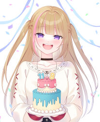 Rule 34 | 1girl, blush, braid, brown choker, brown hair, cake, choker, commission, food, highres, holding, holding plate, jewelry, long hair, long sleeves, multicolored hair, nata ichio, necklace, open mouth, original, pink hair, plate, purple eyes, shirt, skeb commission, smile, solo, very long hair, white shirt