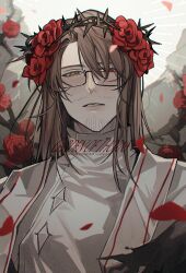 1boy absurdres beard_stubble coat crown_of_thorns e.g.o_(project_moon) facial_hair flower flower_wreath garden_of_thorns_(e.g.o) glasses gregor_(project_moon) head_wreath highres limbus_company long_hair looking_at_viewer looking_down parted_lips project_moon red_flower simple_background solo sparse_stubble stubble thorns white_background white_coat yasuihiruya