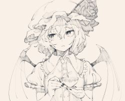 Rule 34 | 1641 (chfhrtor94), 1girl, bat wings, fang, hat, looking to the side, mob cap, monochrome, nail polish, puffy sleeves, remilia scarlet, short sleeves, simple background, skin fang, solo, touhou, upper body, wings