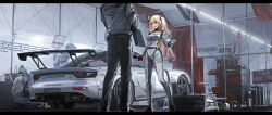 Rule 34 | 1girl, 4boys, black pants, blonde hair, brand name imitation, car, commentary, garage, gloves, haguruma c, highres, jacket, logo parody, long hair, long sleeves, looking at another, mazda rx-7, mazda rx-7 fd, monitor, motor vehicle, multiple boys, open mouth, original, pants, people, race vehicle, racecar, racing suit, spoiler (automobile), symbol-only commentary, talking, vehicle focus, white gloves, white headwear, white jacket