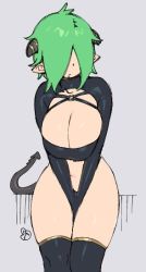 Rule 34 | 1girl, bdsm latex, bdsm outfit, breasts, cleavage, demon girl, demon horns, demon tail, drooling, green hair, horns, large breasts, nemge, pale skin, pointy ears, tail