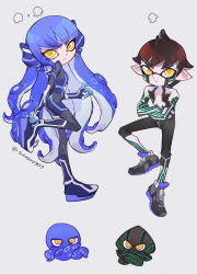 Rule 34 | 2boys, absurdres, black hair, brown hair, crossed arms, crossover, demi-fiend, full-body tattoo, highres, inkling player character, long hair, looking at viewer, male focus, multiple boys, nintendo, octoling player character, pointy ears, protagonist (smtv), shin megami tensei, shin megami tensei iii: nocturne, shin megami tensei v, short hair, shorts, simple background, splatoon (series), tattoo, tentacle hair, tomasoup9639, topless male, yellow eyes