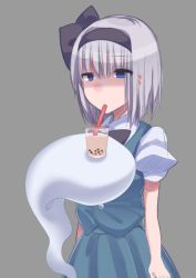 Rule 34 | 1girl, arms at sides, black bow, black bowtie, blue eyes, bow, bowtie, bubble tea, bubble tea challenge, collared shirt, drinking, drinking straw, expressionless, green skirt, green vest, grey background, hairband, konpaku youmu, konpaku youmu (ghost), looking at viewer, no nose, otowa (otoha4634), shaded face, shirt, short hair, short sleeves, skirt, solo, source request, touhou, vest, white hair, white shirt