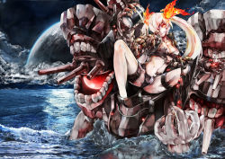 Rule 34 | 10s, 1girl, absurdres, abyssal ship, barrel, bikini, cannon, claws, colored skin, drum (container), fiery hair, gauntlets, glowing, glowing eye, hair over one eye, highres, jacket, kantai collection, long hair, moon, ocean, open clothes, open jacket, pale skin, poyan noken, red eyes, silver hair, solo, southern ocean war oni, swimsuit, twintails, water, white skin