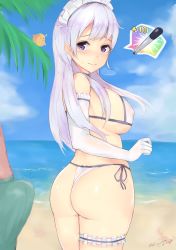 Rule 34 | 1boy, 1girl, ass, azur lane, bare shoulders, beach, belfast (azur lane), bikini, blush, braid, breasts, bulge, closed mouth, cloud, commander (azur lane), cowboy shot, curvy, day, elbow gloves, embarrassed, erection, erection under clothes, french braid, gloves, headdress, heart, heart-shaped pupils, hip focus, kuavera, large breasts, lips, long hair, looking at viewer, looking back, maid headdress, ocean, outdoors, palm tree, purple eyes, sand, sexually suggestive, shiny skin, sideboob, silver hair, sky, swimsuit, symbol-shaped pupils, thick thighs, thighs, thong bikini, torpedo, tree, white gloves, wide hips