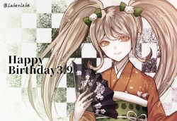 Rule 34 | 1girl, artist name, blonde hair, bow, cat hair ornament, commentary request, danganronpa (series), danganronpa 2: goodbye despair, dated, green bow, hair between eyes, hair bow, hair ornament, hand fan, happy birthday, holding, holding fan, japanese clothes, kimono, long hair, long sleeves, looking at viewer, orange eyes, orange kimono, saionji hiyoko, smile, solo, twintails, twitter username, upper body, z-epto (chat-noir86)