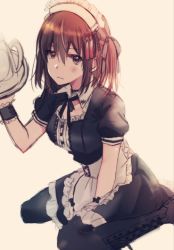 Rule 34 | 1girl, alternate costume, apron, between legs, black ribbon, breasts, brown eyes, brown hair, closed mouth, enmaided, grey background, hair between eyes, hair ornament, hand between legs, highres, kantai collection, looking at viewer, maid, maid headdress, neck ribbon, pantyhose, puffy short sleeves, puffy sleeves, ribbon, rinto (rint rnt), sendai (kancolle), sendai kai ni (kancolle), short sleeves, simple background, sitting, solo, tassel, teapot, tray, two side up, waist apron, wariza, white apron
