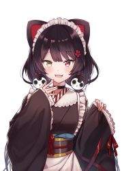 Rule 34 | 1girl, absurdres, animal ears, apron, black collar, black hair, black kimono, blush, collar, dog ears, dog girl, dog hair ornament, fangs, flower, frilled apron, frills, hair flower, hair ornament, heterochromia, highres, inui toko, japanese clothes, kimono, long hair, long sleeves, looking at viewer, low twintails, maid, maid headdress, muraco shogo, nijisanji, obi, open mouth, red eyes, red flower, red ribbon, ribbon, sash, simple background, sleeves past wrists, smile, solo, twintails, very long hair, virtual youtuber, wa maid, waist apron, white apron, white background, wide sleeves, yellow eyes