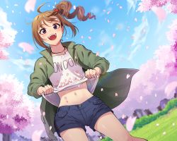 Rule 34 | 1girl, :d, ahoge, blue shorts, blue sky, blurry, blurry background, brown hair, cherry blossoms, clothes writing, cloud, cloudy sky, commentary, day, denim, denim shorts, depth of field, drill hair, dutch angle, grass, green jacket, hair ornament, hair scrunchie, idolmaster, idolmaster million live!, jacket, jewelry, kamille (vcx68), lifebuoy ornament, long sleeves, looking at viewer, navel, necklace, open clothes, open jacket, open mouth, outdoors, purple eyes, red scrunchie, scrunchie, shirt, shirt basket, short hair, short shorts, shorts, side drill, side ponytail, sky, smile, solo, standing, star (symbol), star necklace, tree, white shirt, wind, yokoyama nao