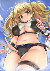 Rule 34 | 1girl, armband, bandaid, bandaid on face, blonde hair, breasts, brown eyes, granblue fantasy, highres, kztk, large breasts, long hair, monika weisswind, navel, solo, swimsuit, thigh strap, twintails, underboob, wavy hair