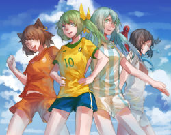 Rule 34 | 2014 fifa world cup, 4girls, argentina, argentinian flag, argentinian flag print, arm behind back, asymmetrical wings, black hair, blue eyes, blue sky, bow, brazil, breasts, brown hair, chen, clenched hand, closed eyes, cloud, cloudy sky, daiyousei, day, earrings, facing away, flag print, germany, green hair, hair tubes, hand up, hands on own hips, highres, houjuu nue, insignia, jewelry, kochiya sanae, long hair, looking at viewer, medium breasts, multiple girls, netherlands, no wings, nose, one eye closed, orange eyes, outstretched arm, shirt, short hair, shorts, side ponytail, sky, smile, soccer, soccer uniform, sportswear, standing, striped clothes, striped shirt, sunyuqian, thighs, touhou, vertical-striped clothes, vertical-striped shirt, wind, wings, wink, world cup