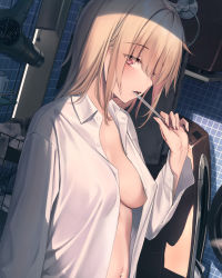 Rule 34 | 1girl, bad id, bad pixiv id, blonde hair, breasts, brushing teeth, commentary request, hair dryer, hand up, holding, holding toothbrush, indoors, long hair, long sleeves, looking at viewer, medium breasts, midriff, naked shirt, navel, open clothes, open shirt, original, red eyes, rerrere, shirt, sideways glance, solo, stomach, toothbrush, upper body, washing machine, white shirt