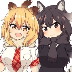 Rule 34 | &gt;:), 10s, 2girls, :d, animal ears, antlers, arm at side, arms at sides, black hair, black scarf, black vest, blonde hair, blush, breast pocket, breasts, brown eyes, brown hair, chawan (yultutari), dot nose, eyelashes, fang, fur collar, gradient eyes, gradient hair, hair between eyes, hand on own hip, highres, horns, kemono friends, large breasts, lion (kemono friends), lion ears, long hair, long sleeves, looking at viewer, mane, medium hair, moose (kemono friends), moose ears, multicolored eyes, multicolored hair, multicolored shirt, multiple girls, necktie, open mouth, plaid, plaid necktie, plaid neckwear, pocket, red necktie, scarf, shirt, short sleeves, simple background, smile, sweater vest, tsurime, two-tone hair, upper body, v-shaped eyebrows, vest, white background, white shirt