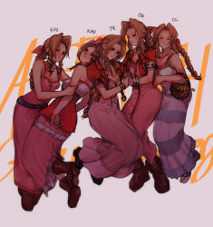 Rule 34 | 5girls, aerith gainsborough, basket, boots, bracelet, breasts, brown footwear, brown hair, cleavage, crisis core final fantasy vii, cropped jacket, dress, drill hair, final fantasy, final fantasy vii, final fantasy vii remake, flower basket, highres, holding another&#039;s arm, holding hands, jacket, jewelry, kingdom hearts, kingdom hearts i, kingdom hearts ii, looking at viewer, multiple girls, multiple persona, pink dress, red jacket, sera (serappi), smile, striped clothes, striped dress, twin drills, yuri