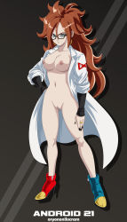 Rule 34 | 1girl, absurdres, android 21, blue eyes, breasts, cleft of venus, closed mouth, dragon ball, dragon ball fighterz, earrings, glasses, grey background, hair between eyes, highres, hoop earrings, jewelry, long hair, looking at viewer, medium breasts, nipples, nude filter, oryononilocram, pussy, red hair, simple background, solo, standing, third-party edit