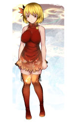Rule 34 | 1girl, adapted costume, aki shizuha, aoshima, bare arms, bare shoulders, blonde hair, boots, border, breasts, commentary request, cross-laced footwear, dress, full body, hair ornament, highres, lace-up boots, large breasts, leaf hair ornament, leaf print, orange footwear, pink lips, red dress, red eyes, short dress, short hair, sleeveless, sleeveless dress, solo, standing, thigh boots, thighhighs, thighs, touhou, white border, zettai ryouiki