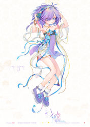 Rule 34 | 1girl, absurdres, antenna hair, bare arms, bare legs, bare shoulders, blue eyes, blue ribbon, blush, bow, bracelet, braid, chinese commentary, chinese text, commentary request, dress, dress bow, flat chest, footwear bow, full body, hair over one eye, hands up, headphones, highres, jewelry, kaede (shijie heping), medium hair, necklace, original, platform footwear, purple dress, purple footwear, purple hair, ribbon, short dress, solo, strapless, strapless dress, translation request, two-tone dress, white dress
