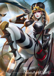 Rule 34 | 1girl, antennae, arthropod girl, artist name, black skin, blonde hair, breasts, colored skin, commentary, compound eyes, english commentary, extra eyes, flying, insect wings, large breasts, lips, looking at viewer, medium hair, monster girl, mosquito girl, mosquito musume, multicolored skin, neoartcore, no nipples, nose, one-punch man, patreon username, purple eyes, realistic, solo, tail, two-tone skin, watermark, white skin, wings