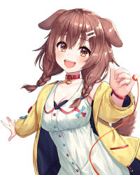 Rule 34 | 1girl, :, animal collar, animal ears, blush, bone hair ornament, bracelet, braid, breasts, brown eyes, brown hair, buttons, cleavage, collar, collarbone, cowboy shot, dog ears, dog girl, dog tail, dress, hair between eyes, hair ornament, hairclip, hololive, hololive gamers, inugami korone, inugami korone (1st costume), jacket, jewelry, long hair, looking at viewer, low twin braids, medium breasts, off shoulder, open clothes, open jacket, open mouth, pensuke, red collar, short dress, simple background, sleeveless, sleeveless dress, solo, string, string of fate, tail, twin braids, twintails, virtual youtuber, white background, white dress, yellow jacket