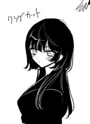 1girl akiyama_enma blush breasts closed_mouth commentary_request greyscale high_contrast highres long_hair medium_breasts monochrome original simple_background solo translation_request white_background wolf_cut