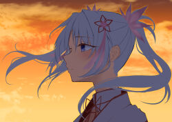 Rule 34 | 1girl, blue eyes, blush, close-up, closed mouth, commentary request, eyelashes, eyes visible through hair, floating hair, flower, from side, hair between eyes, hair flower, hair ornament, highres, japanese clothes, light smile, long hair, looking afar, miko, mkn yu, nose, orange sky, outdoors, pink flower, profile, senren banka, sky, solo, sunset, tomotake yoshino, twintails, white hair