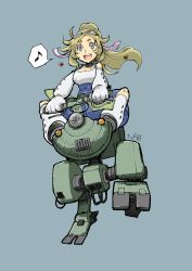 Rule 34 | 1girl, 330 design, blonde hair, gloves, goggles, goggles on head, graphite (medium), green eyes, hagane orchestra, highres, mecha, musical note, nanaka (hagane orchestra), non-humanoid robot, ponytail, robot, sitting, solo, traditional media, walking, white gloves