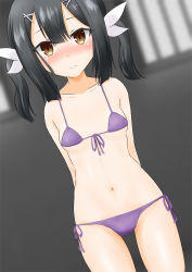 Rule 34 | 1girl, absurdres, arms behind back, bare shoulders, bikini, black hair, blush, breasts, brown eyes, collarbone, fate/kaleid liner prisma illya, fate (series), feather hair ornament, feathers, female focus, hair ornament, hairclip, highres, long hair, looking at viewer, miyu edelfelt, navel, purple bikini, sidelocks, sirokohi, small breasts, solo, swimsuit, thighs, twintails
